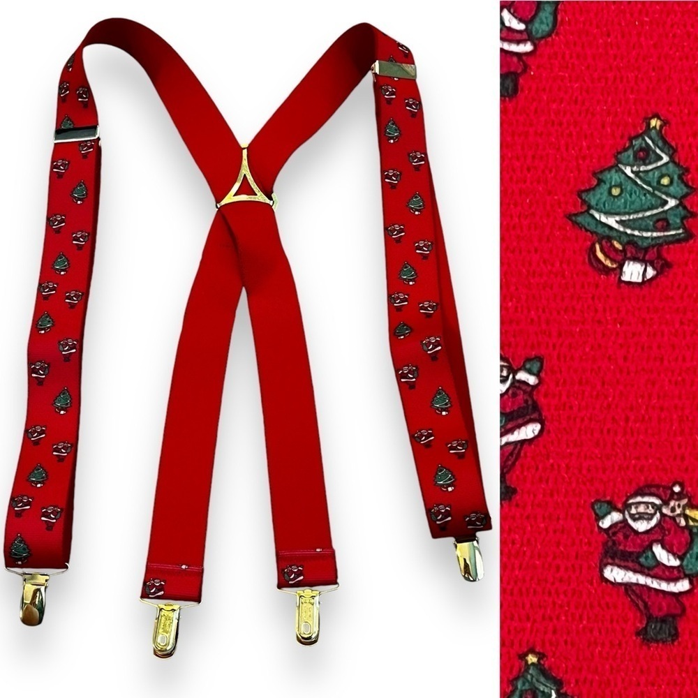 Santa Christmas Suspenders Red Elastic ClipOn CAS W Germany Trees Adjustable 80s